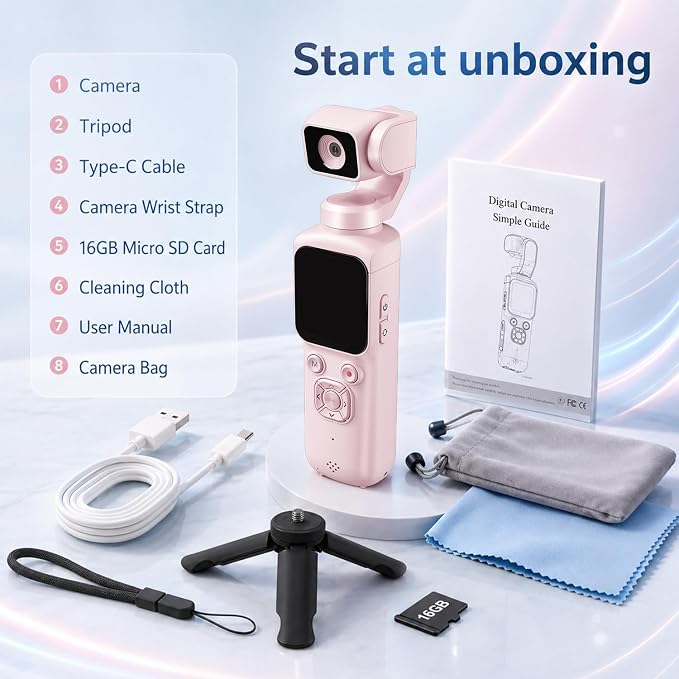 4K Vlogging Camera, Pocket Digital Camera, 330° Rotating Lens | Auto subject framing and WiFi sharing for YouTube, TikTok and travel, includes 16GB card, mini tripod and carrying bag - Image 7
