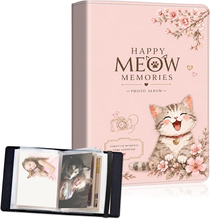 DEGDFSGR 5x7 Small Photo Album, 60 Pockets Holds 120 Photos | Slip-in pockets, black elastic band, portable for family, wedding, baby, travel photos, Pastel Pink Cherry Blossom Cat by Unknown