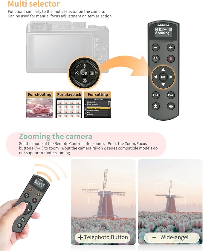 Aodelan for Nikon Wireless Rechargeable Camera Remote Control | Camera Shutter Release Trigger with OLED Screen for Zfc, Z50, P1000,A1000, P950, B600; Replaces Nikon ML-L7(Black) - Image 3