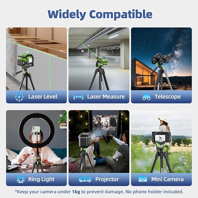 Huepar 60-Inch Lightweight Tripod Portable Adjustable Laser Level Tripod | 3-Way Swivel Pan Head, 2 Bubble Levels, 1/4" and 5/8" Thread Mount for Varieties Tools, Only for Indoor Basic Work - Image 6