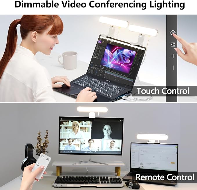 Dual-lamp Video Conference Lighting, LED Streaming Light with Remote and Touch Control, Zoom Lighting for Computer,Webcam Laptop Monitor Ring Light for Video Calls/Zoom Meetings (White) - Image 2