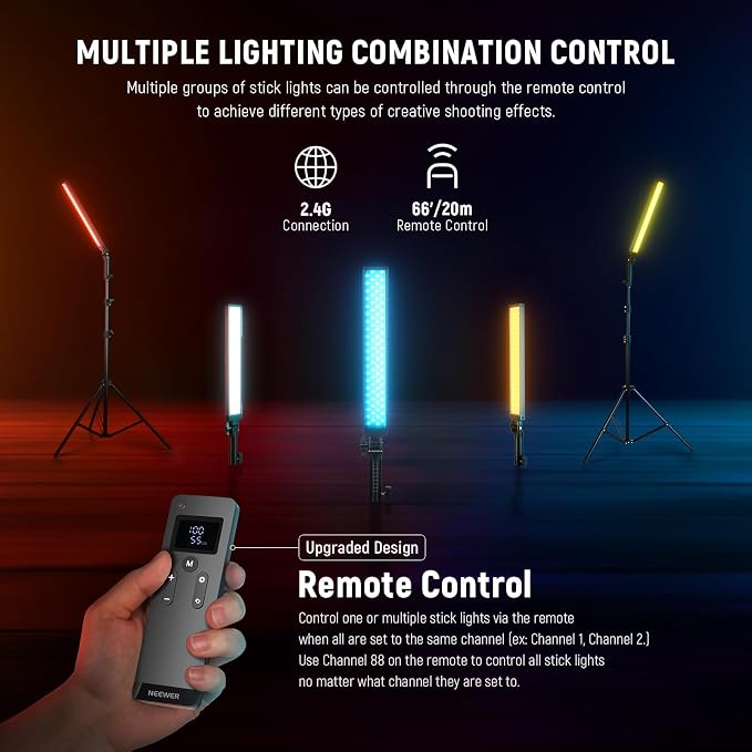NEEWER Upgraded LED Video Light Stick & 2.4G Remote Kit, 2 Pack Handheld Dimmable 3200K~5600K CRI97+ Video Lighting with Stands/Filters/Bag for YouTube Video Recording Photography Gaming, BH20B Black - Image 4