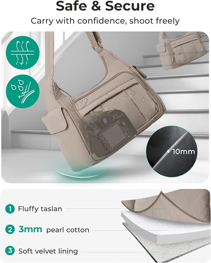 BAGSMART 2 in 1 Puffy Camera Bag for Photographer Everyday Shoulder Bag | Camera Sling Bag with Pockets Crossbody Bag Digital Camera Case for DSLR/Mirrorless Light Beige - Image 6