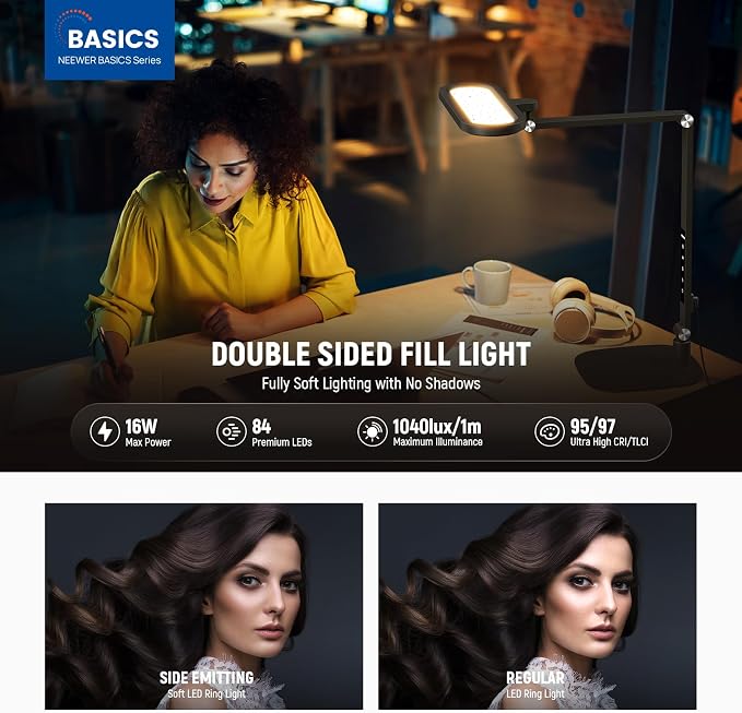NEEWER Basics 16W Desktop LED Lamp for Home Office Video Conference Reading Lighting, Eye Caring Foldable Double Sided Dimmable Touch Ring Light with Desk Stand Memory Timer 5 Color Modes CRI95, FR16 - Image 3