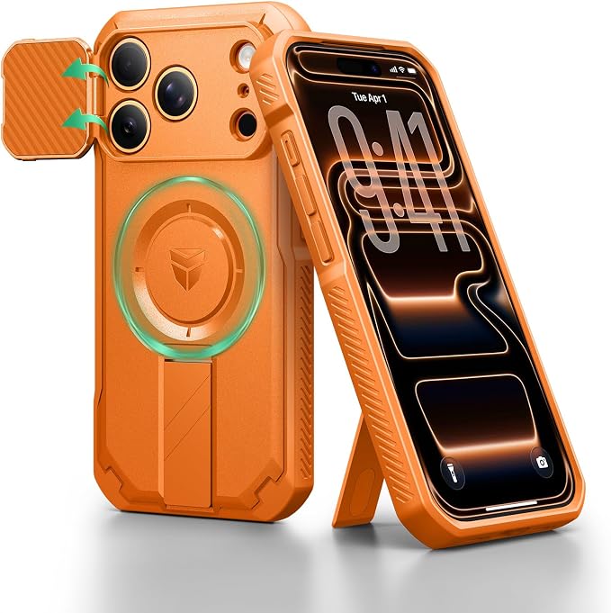 Dexnor for iPhone 17 Pro Case, [Built-in Flip Camera Cover & Camera Control Cover & Kickstand], Compatible with MagSafe, Heavy-Duty Rugged Shockproof Magnetic Phone Cover, 6.3 inch Orange by Dexnor