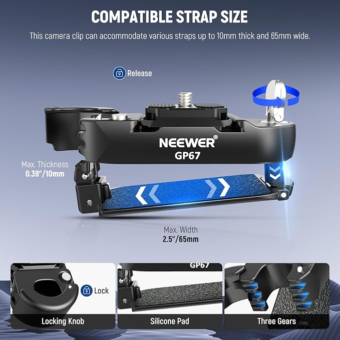 NEEWER Backpack Camera Clip Mount with Square QR Plate, Upgraded Safety Latch, Quick Release Camera Belt Clip Backpack Strap Compatible with PD QR System Canon Nikon Sony DSLRs, GP67 - Image 3
