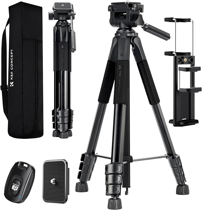 K&F CONCEPT 68" Camera Tripod Lightweight Portable DSLR Tripods | Camera Phone Video Recording Tripod Stand, Cellphone Clip for Smartphone Live Streaming Vlog. S254A3+BV01 by KFCONCEPT