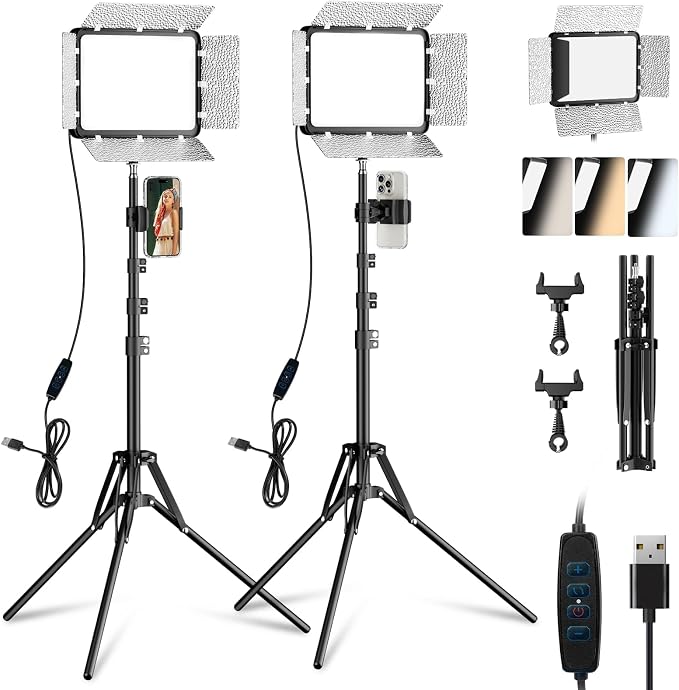 EMART 2-Pack LED Video Light Kit with Phone Holder & Barndoor | 2800-7000K Dimmable Studio Lights, 73'' Streaming Light for Video Recording, YouTube, Vlog, Photography, Content, Podcast by EMART