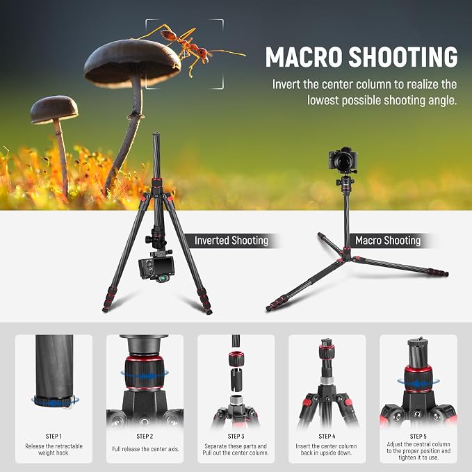 NEEWER 66"/168cm Carbon Fiber Camera Tripod with 360° Ball Head, N55C | Panorama, 1/4" Arca QR Plate, Portable Bag, Compact Travel Tripod Monopod for DSLR Video Camcorder, Max Load 26.5lb/12kg - Image 5