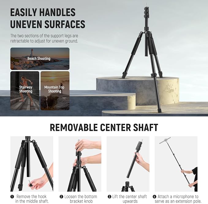 NEEWER Photography Light Stand, 1.5-6.4ft/47-195cm Aluminum Reversible Studio Lighting Tripod, Portable Phone Video Stand w/ 1/4" Screw for Strobe Light Camera Softbox, 4.4lb/2kg Load, ST195 | Studio Lighting Tripod, Portable Phone Video Stand with 1/4... - Image 3
