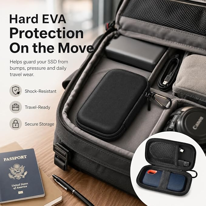 PAIYULE Hard Drive Case for SanDisk Extreme Portable SSD &Extreme PRO SSD | Elastic Strap Secures the SSD, Mesh Pocket Organizes Cables, Carabiner Adds Portability, Case Only(Fullblack, For Sandisk V2) - Image 4