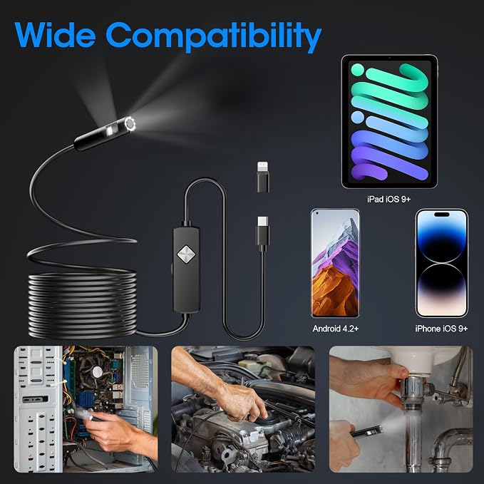 Endoscope with Light, 1920P HD Borescope with 8 Adjustable LED Lights, Semi-Rigid Snake Camera, IP67 Waterproof Inspection Tool (16.4ft, Black Harness + Dual Lens) - Image 7
