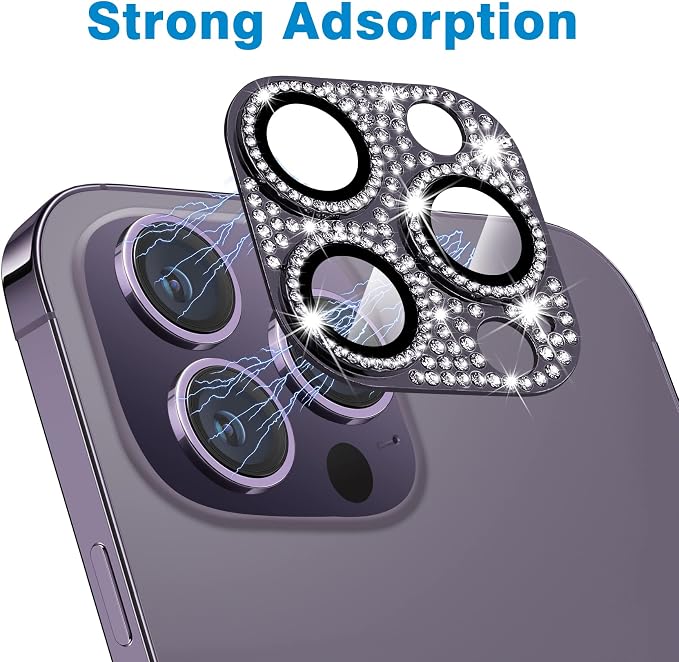 Designed for iPhone 14 Pro and 14 Pro Max Camera Lens Protector, Bling Rhinestone Sparkle Diamond 9H Tempered Glass Lens Cover Shockproof Full Protective Camera Cover, Purple - Image 3