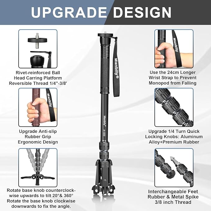 Monopods for Cameras with Feet, 5 Sections, 67'', Max Load 15.43lb, Camera Monopod Extendable Portable Travel Aluminum for DSLR Canon Nikon Sony Video Camcorder (A-222 Grey) - Image 3