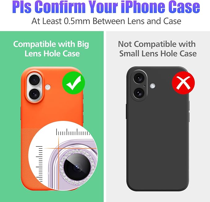 AGVEE 3+3 6 Pack for iPhone 17 Camera Lens Protector Cover | Individual Bling Diamond & Bling Glitter Sparkle Cute Gem Metal Ring, 9H Tempered HD Glass - Image 3