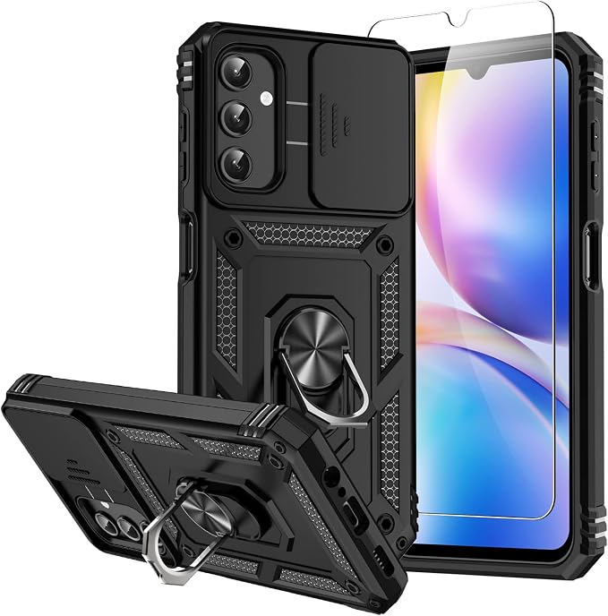 for Samsung Galaxy A14 5G Case with Screen Protector & Camera Lens Cover, [Military Grade] 16FT Drop Tested, Magnetic Kickstand Rugged Shockproof Protective Case for Samsung A14 5G, Black by SKMY