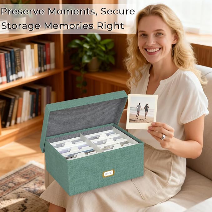 Decorative Photo Storage Box, Linen Photo Box Holds 1700 5x7 Pictures Green | Photo Storage Containers with 8 Dividers, Memory Keepsake Organizer for Photos, Scrapbook Supplies, Cards, Stamps,Archive Box - Image 5