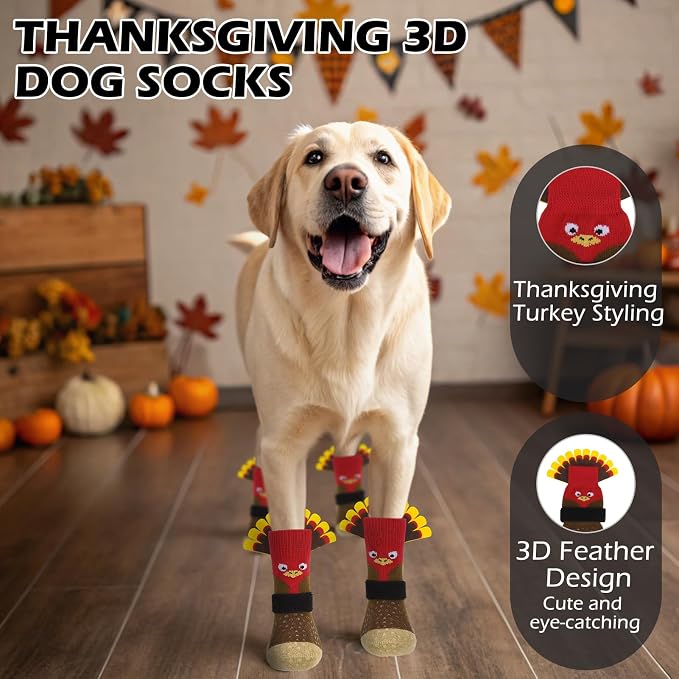 EXPAWLORER Thanksgiving Anti Slip Dog Socks to Prevent Licking Paws,Boots & Paw Protectors with Grippers,Doggie Booties for Hardwood Floors for Small Medium Large Senior Dogs Lifelike Costume Turkey M - Image 5