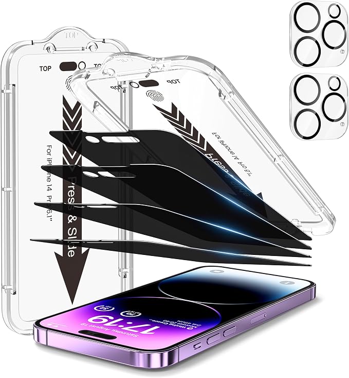 EZ-GLAZ-4+2 Pack for iPhone 14 Pro Privacy Screen Protector (6.1") | 2-Pack Lens Protectors, Alignment Kit, Easy Installation, 9H+ Tempered Glass, Scratch Resistant, 28° Privacy Protection by EZ-GLAZ