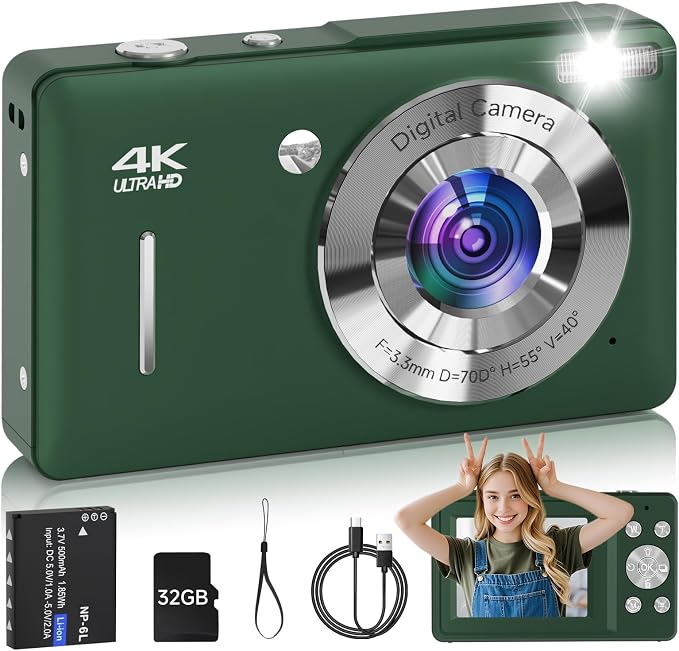 Digital Camera for Kids, FHD 1080P 44MP Point and Shoot Digital Camera with Face Detect, Smile Capture, 16X Zoom, 20 Filters, Anti Shake, 32GB SD Card Green Compact Vintage Camera by SMARTKLIK