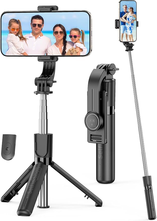 Portable Selfie Stick, 4 in 1 Extendable Phone Tripod Stand with Detachable Wireless Remote & Phone Holder 360° Rotating Mini Travel Tripod Compatible with iPhone 16/15/14/13 Pro/Android/Gopro by SelfieShow
