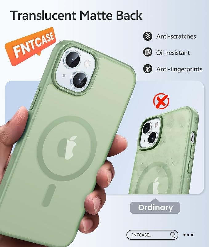 FNTCASE for iPhone 15/14/13 Case, Fit for Magsafe, Glass Screen Protector | Translucent Matte, Magnetic Phone Cases, 14FT Military Grade Drop Protection, Slim Shockproof Protective Cover, Light Moss - Image 6