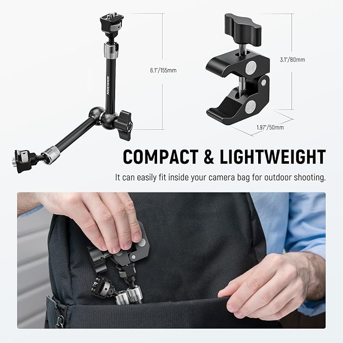 Neewer 11" Articulating Magic Arm Clamp Mount with Super Clamp, Camera Monitor Mount with 1/4" 3/8" ARRI Locating Pins & Holes for DSLR Action Camera Video Light Compatible with SmallRig Cage, ST16C - Image 3