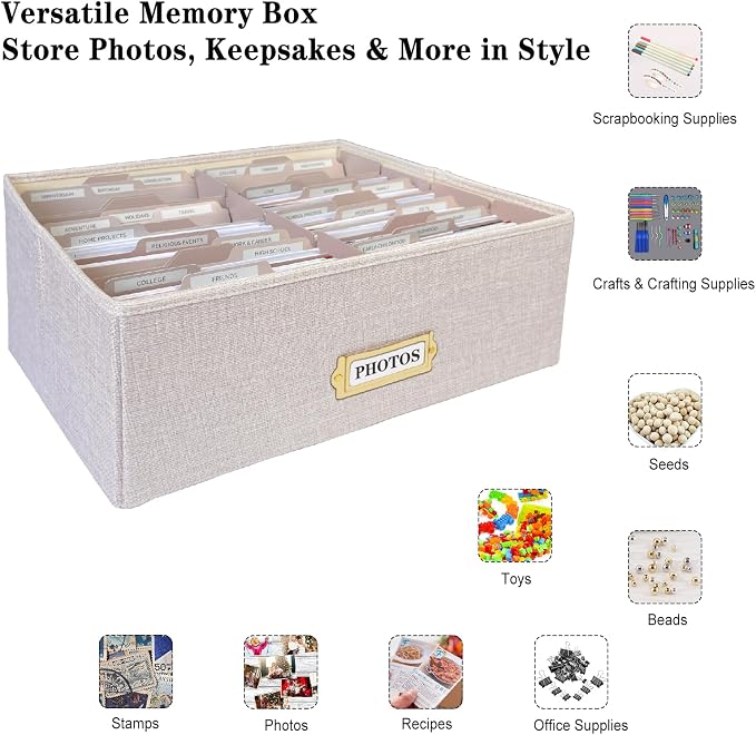 Linen Photo Storage Box – Holds 1700 Photos, Photo Organizer with Lid for Photo, Pictures, 24 Adjustable Dividers & 72 Labels Multi-Use Organizer Memory Box for Envelopes, Baby, Wedding, Cards Beige - Image 3