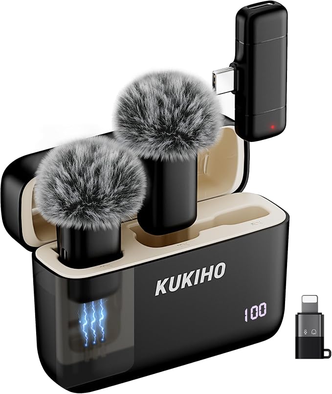 Wireless Lavalier Microphone with Charging Case, 36H Battery Life, Noise Cancellation, 135ft Range, Plug-and-Play Clip-On Mic for iPhone, iPad, Android, YouTube, Vlog, Live Streaming by KUKIHO