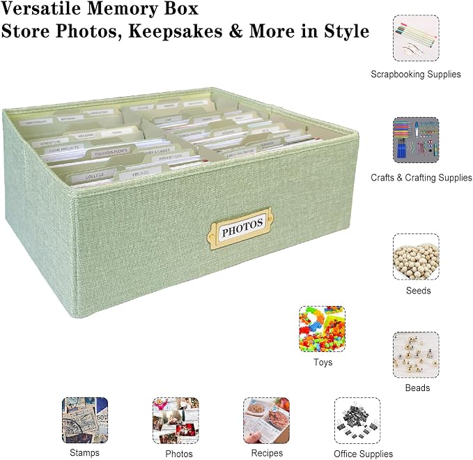 Linen Photo Storage Box – Holds 1700 Photos, Photo Organizer with Lid for Photo, Pictures, 24 Adjustable Dividers & 72 Labels Multi-Use Organizer Memory Box for Envelopes, Baby, Wedding, Cards Green - Image 3