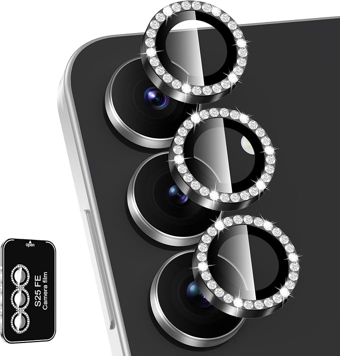 for Samsung Galaxy S25 FE Camera Lens Protector, Individual Metal Ring Tempered Glass Lens Cover, [Strong Adsorption] Scratch Resistant Ultra-Thin HD Clear Lens Cover, 1 Set-Black Diamond by Btscase