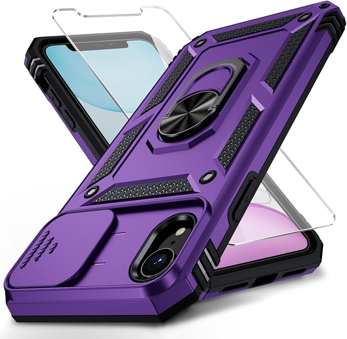 for iPhone XR Case with Camera Lens Cover, HD Screen Protector, 10 FT Military Grade Drop Protection, Magnetic Ring Holder Kickstand Protective Phone Case, Deep Purple by Weycolor