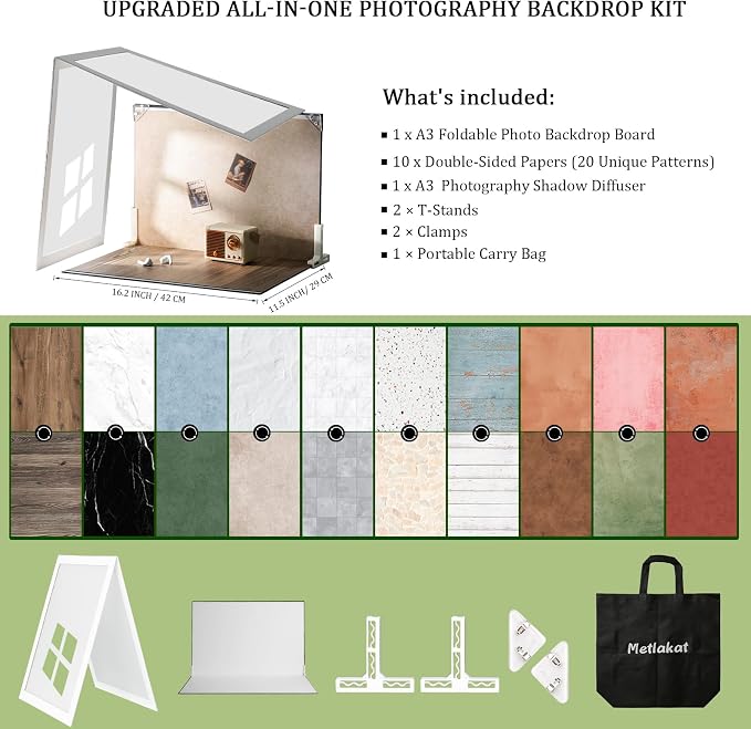 Photo Backdrop Board with Shadow Diffuser, 10 Pcs 20 Patterns | Waterproof, Food Photography Backgrounds, Tabletop Small Shooting Kit, For Product, Jewelry & Makeup - Image 2