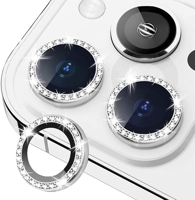iPhone 13 Pro/13 Pro Max Camera Lens Protector Bling Diamond, Silver | Individual Metal, 9H Hardness, Scratch Resistant, Shockproof, Drop Protection, Case Friendly, Stylish Accessories by Xfilm