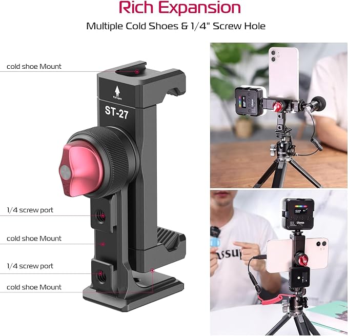 Metal Phone Tripod Mount 3 Cold Shoes & Arca Port, 360° Smartphone Tripod | Adapter for iPhone 17 16 15 Cell Phone Stand Holder for Desktop Video Live Streaming Vlogging Rig - Image 3