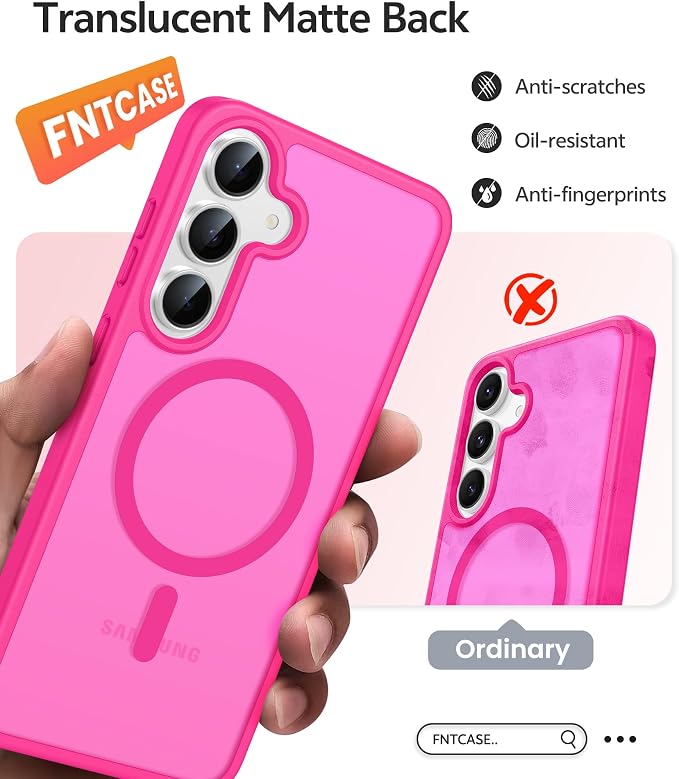 FNTCASE for Samsung Galaxy S25 FE Case, Fit for Magsafe, Screen Protector | Translucent Matte Magnetic Back, 14FT Military Grade Drop Protection, Slim Shockproof Protective Phone Cover, Hot Pnik - Image 6