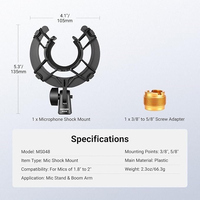 NEEWER Microphone Shock Mount, Mic Holder for Stand & Boom Arm with Elastic Ropes & 3/8" to 5/8" Screw Adapter, Fits Mics of 1.8" to 2" (46 to 50mm) Diameter, MS048 - Image 7
