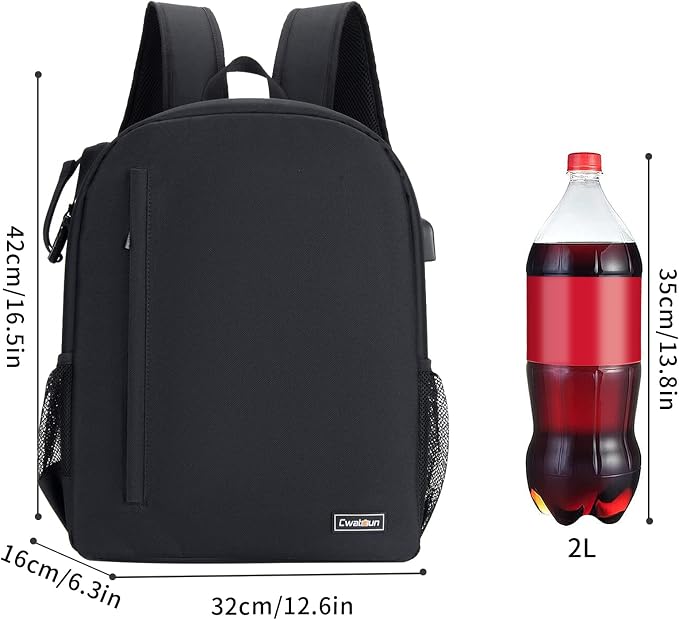 Cwatcun Camera Backpack Bag, Waterproof DSLR Bag with USB Port & Rain Cover | Fits DSLR with 70-200mm lens + 6lenses+15.6"laptop+tripod.Anti-theft rear opening,900D nylon,rain cover included. - Image 9