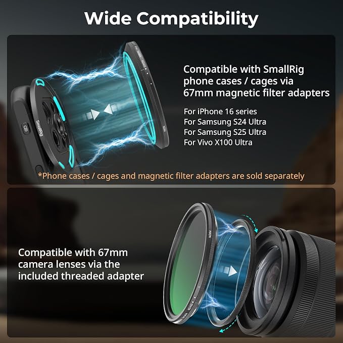 SmallRig Magnetic 67mm VND Filter ND64-ND400 (6-9 Stop), Adjustable ND Filter for iPhone 16 / S24 Ultra/for Vivo X100 & 67mm Camera Lenses, No X Cross HD Optical Glass, with Threaded Adapter - 5169 - Image 5