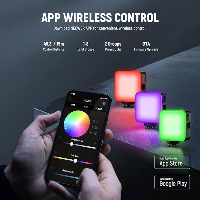 NEEWER RGB62 Magnetic RGB Video Light with APP Control, 2 Pack 360° Full Color LED Camera Light with 3 Cold Shoes CRI97+ 2500K-8500K 17 Scenes 2000mAh Rechargeable Portable Photography Selfie Lighting - Image 5