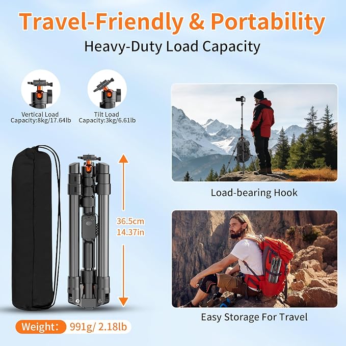 75" Camera Tripod,Aluminum Tripod for Camera Phone/Monopod with Remote | Cell Phone Tripod for iphone with Ball Head,Camera Stand for Canon/Sony/DSLR/Digital Camera Accessory Kits,Max Load 17.64lb - Image 8