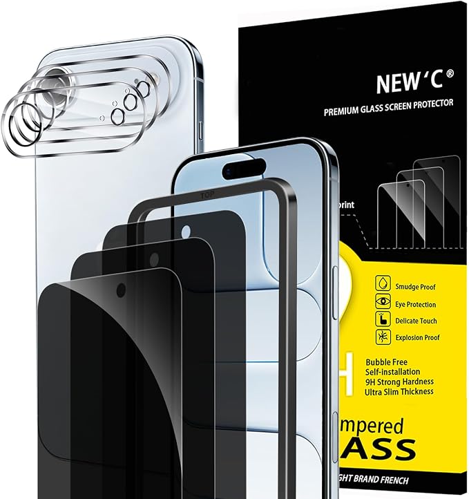 NEW'C 3x Privacy Screen Protector for iPhone Air (6.5 inches)+ 3x Camera Lens Protector, Sensor Protection, Case Friendly Tempered Glass Film, Ultra Resistant, Easy installation tool included by NEWC