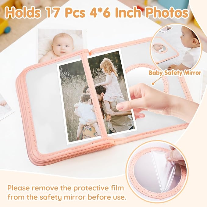 Baby Photo Album, My First Photo Album for Baby & Toddler, Peach | 17 Photo Slots(4×6"), Soft Anti-Scratch Edges, Shatterproof Safety Mirror, Star Hanging Hook, Family Memory Keepsake Book - Image 4