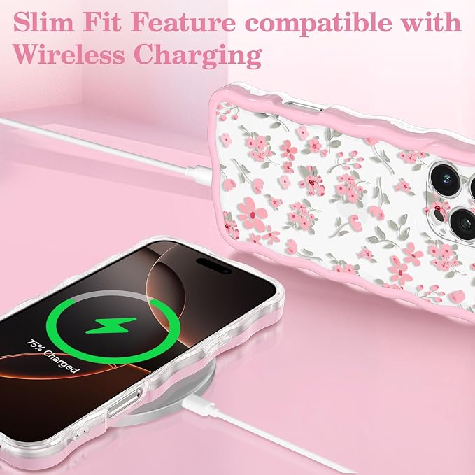 QLTYPRI for iPhone 15 Pro Pink Flower Case, Clear Cute Pink Floral Flower Phone Case Curly Wavy Aesthetic Phone Cover, Soft Slim Transparent TPU Shockproof Protective Cover for Women Girls - Pink - Image 5