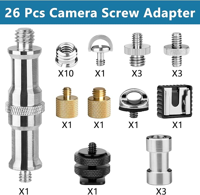 ChromLives Camera Tripod Adapter, 26Pack Camera Screw Mount Set 1/4 Threaded Converter Screws Adapter, 1/4 to 3/8 Hot Shoe Adapter,Tripod Mount Adapter Set for Monopod/Quick Release Plate - Image 2