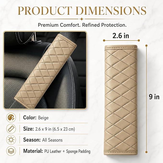 Beige PU Leather Seat Belt Covers - 2Pcs, Diamond Stitched Seat Belt Pads, Universal Fit for Car Truck SUV - Image 2