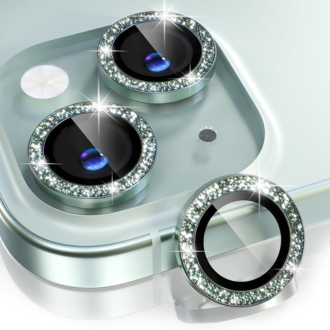 Choiche for iPhone 15/15 Plus Camera Lens Protector Bling, Glitter-Green | Ultra HD, 9H Tempered Glass Camera Cover Screen Protector Metal Individual Ring Decoration Accessories, 2-Lens, 6.1/6.7-inch by Choiche