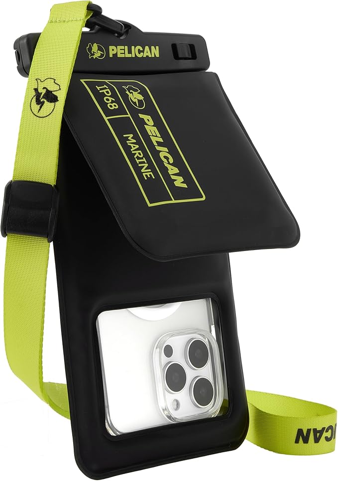 Pelican Marine Waterproof Phone Pouch w/Storage Pocket -Black/Hi-Vis Yellow | Large Touchscreen IP68 Floating Waterproof Phone Case w/Detachable Lanyard - Fits All Phones - Beach Cruise Travel Essentials by Unknown