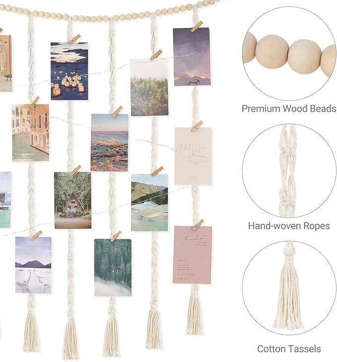 Mkono Hanging Photo Display, Boho Macrame Wall Decor with Lights, Ivory | 30 Clips, String Lights, Teen Girl Stuff Gifts, Wooden Beads Banner, Pictures Postcards Holder, Bedroom Living Room Dorm - Image 5