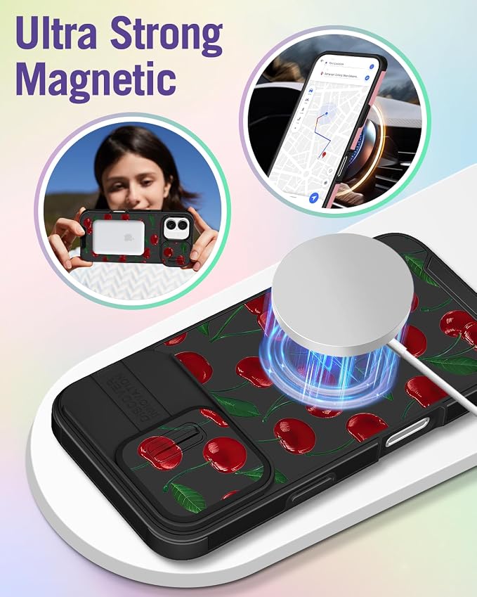Buleens for iPhone 17 Case 6.3 Inch - with Ring Stand & Camera Cover Aesthetic Cute Designed for Women Girls Girly Pretty Kawaii Cherry Unique Teen Phone Case for iPhone 17 Compatible with Magsafe - Image 4